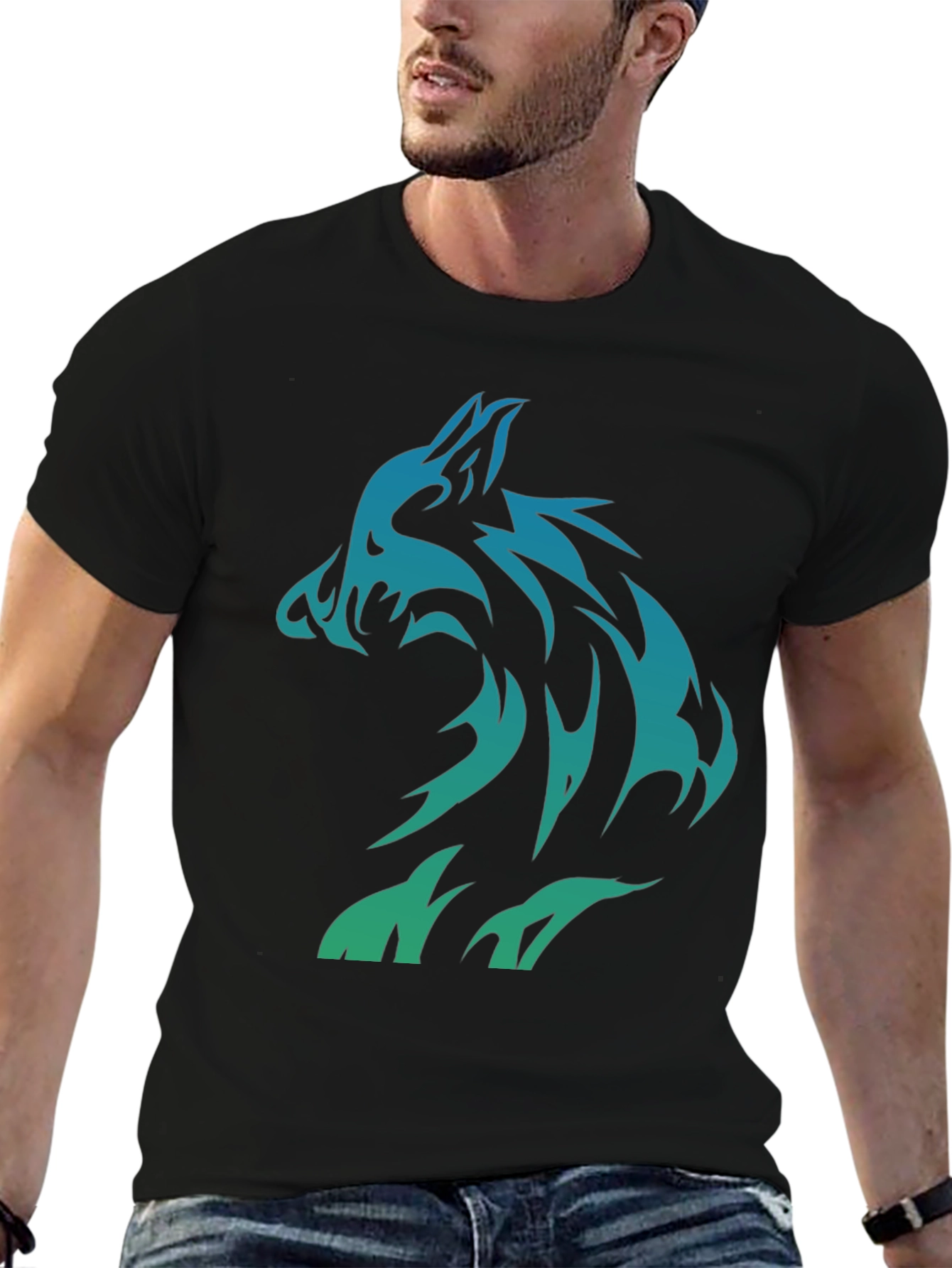 Black Tribal Wolf Graphic T-Shirt - Black Cotton Tee view 6