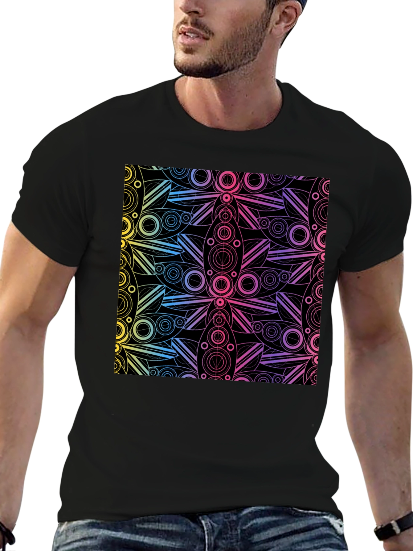 Black Geometric Rainbow Pattern Black T-Shirt view 6
