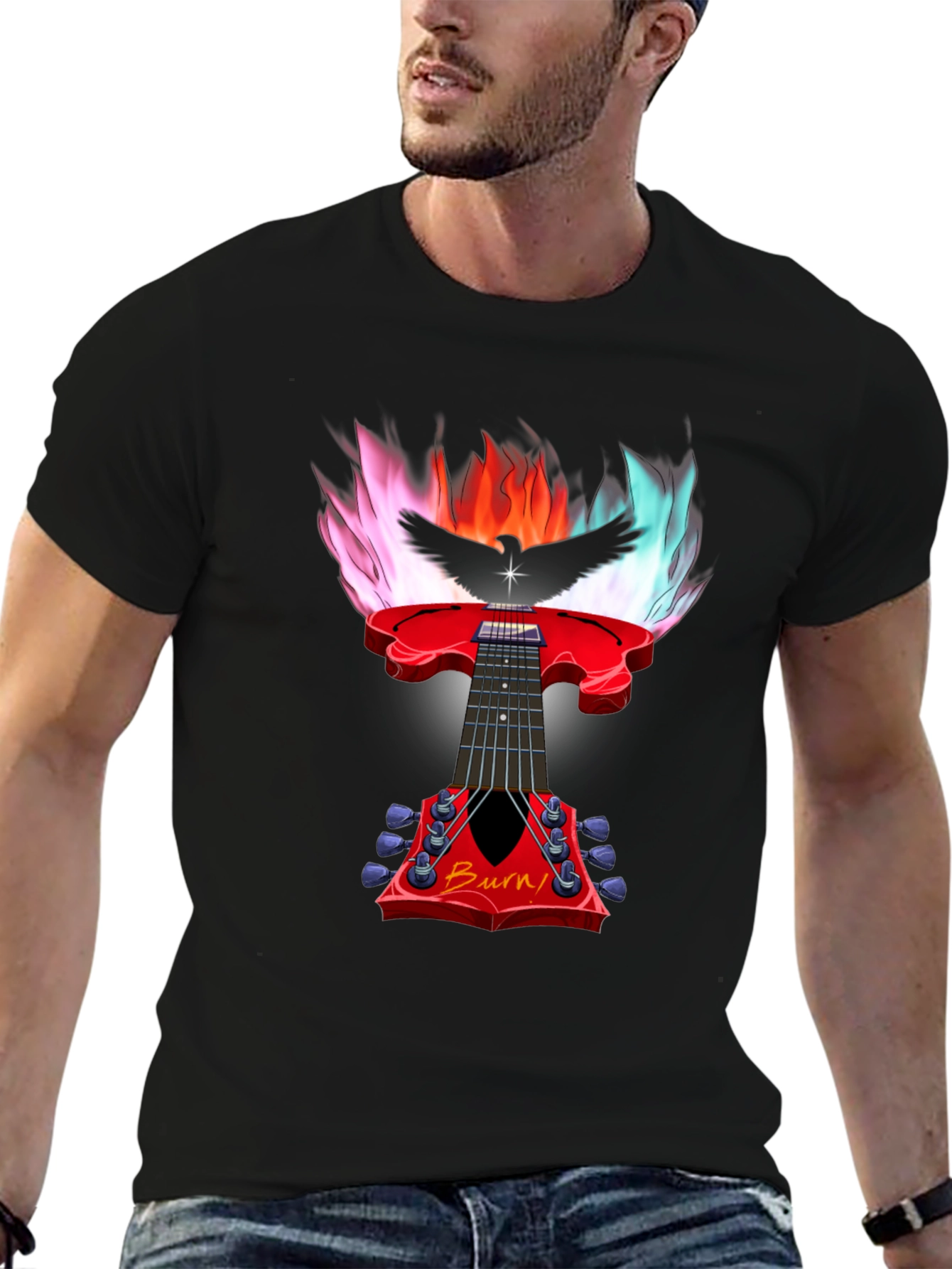 Black Burn Guitar T-Shirt - Flaming Rock Star Tee view 6