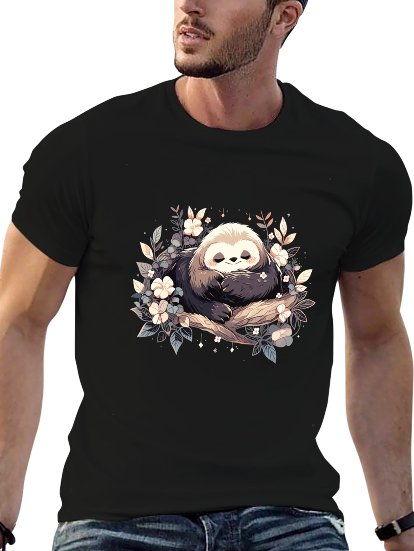 Black Cute Sloth with Flowers Graphic T-Shirt view 6