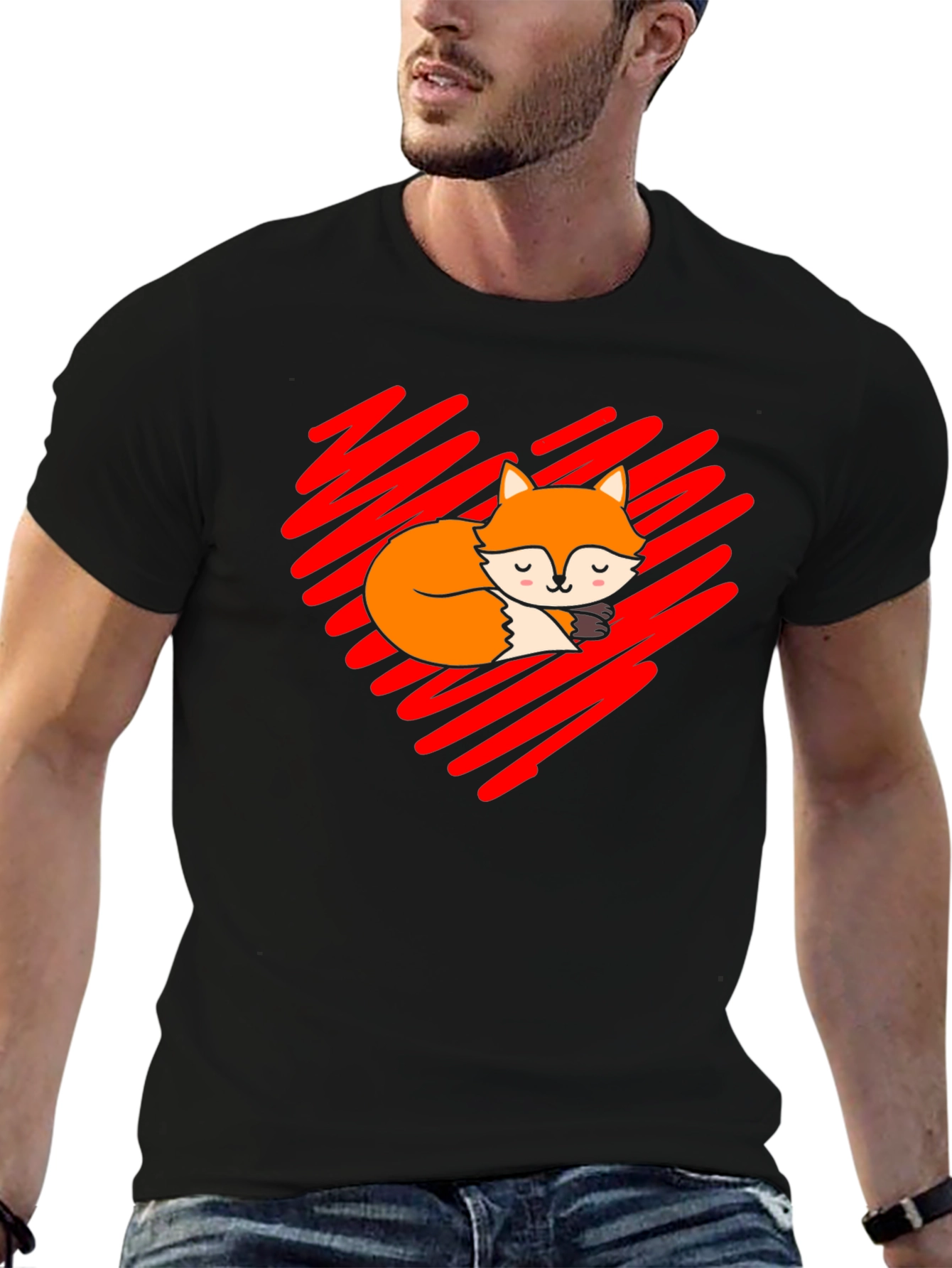 Black Cute Fox Heart T-Shirt - Soft Cotton Blend view 6