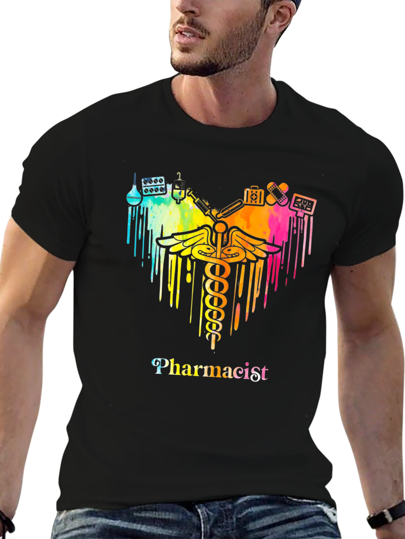 Black Pharmacist Caduceus T-Shirt - Colorful Design view 6