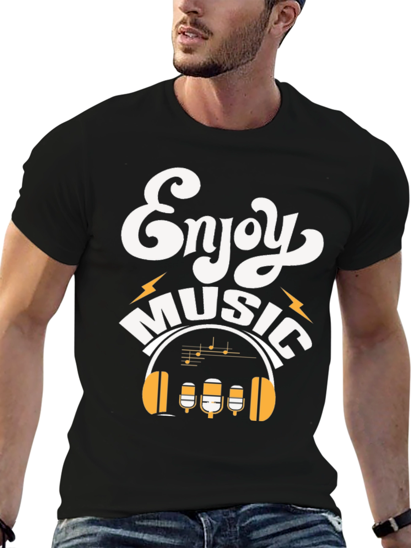 Black Enjoy Music Graphic Print Crew Neck T-Shirt view 6
