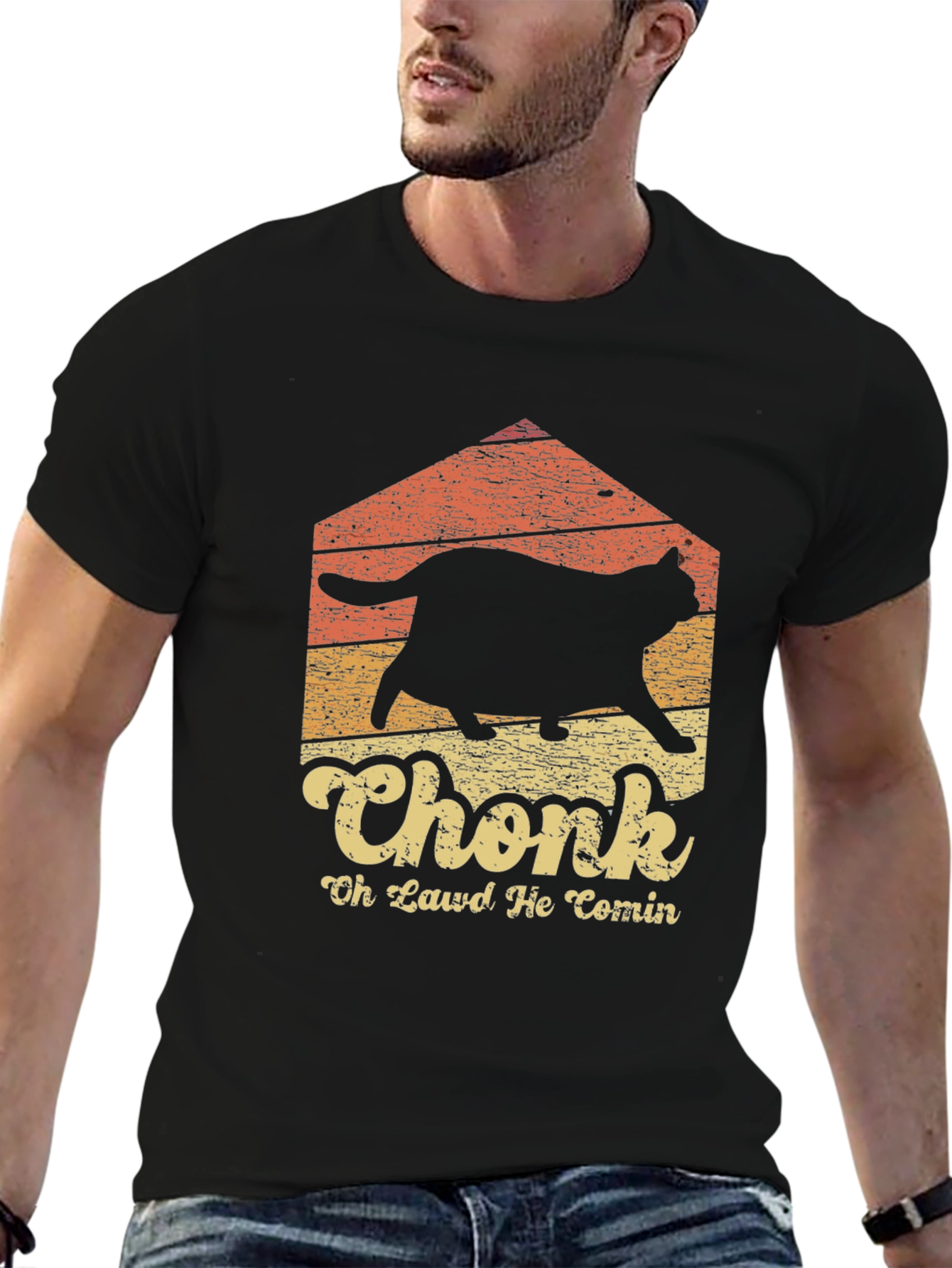 Black Chonk Cat T-Shirt - Oh Lawd He Comin' view 6