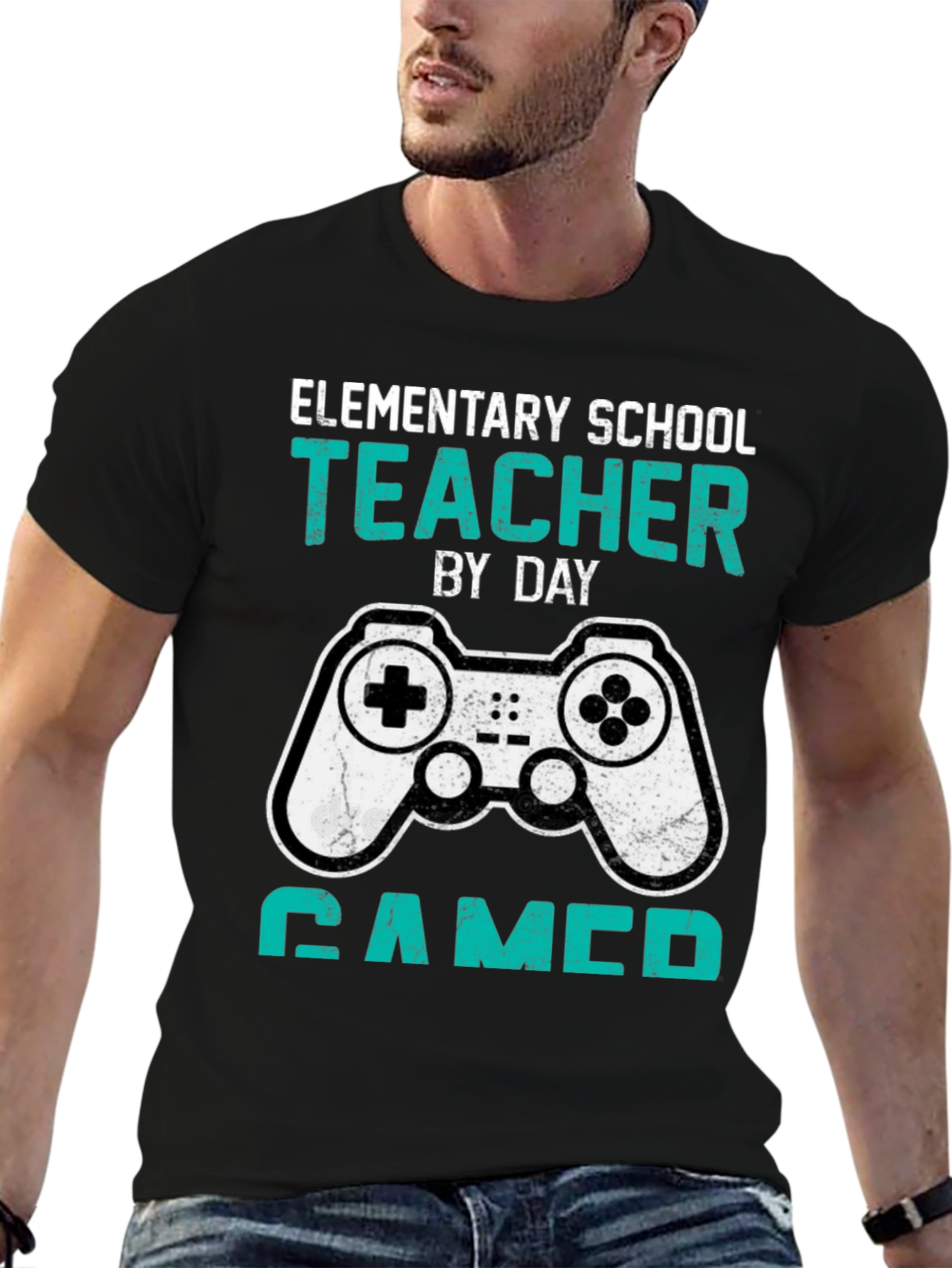 Black Elementary School Teacher Gamer T-Shirt view 6