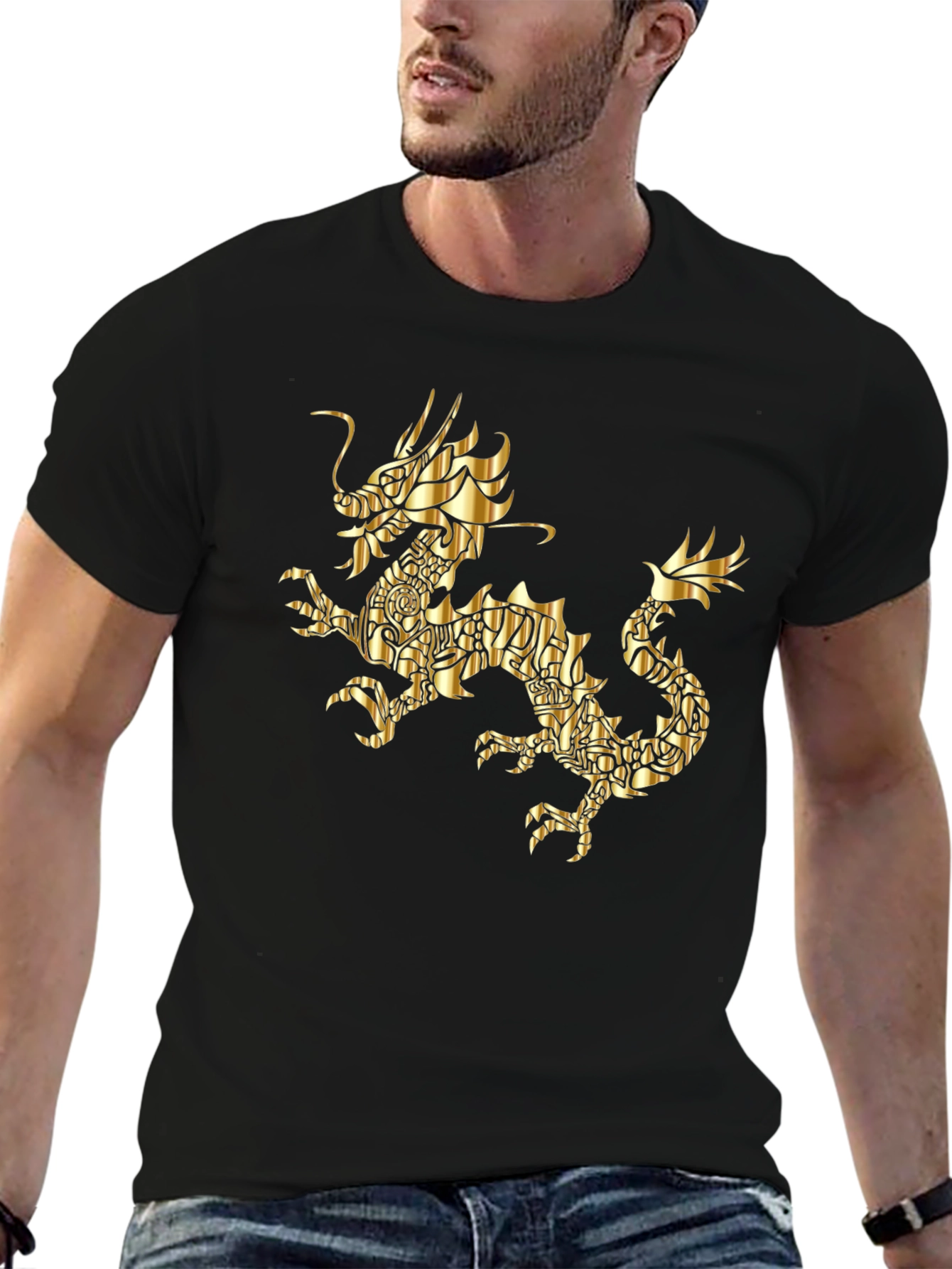 Black Golden Dragon Graphic Black T-Shirt view 6