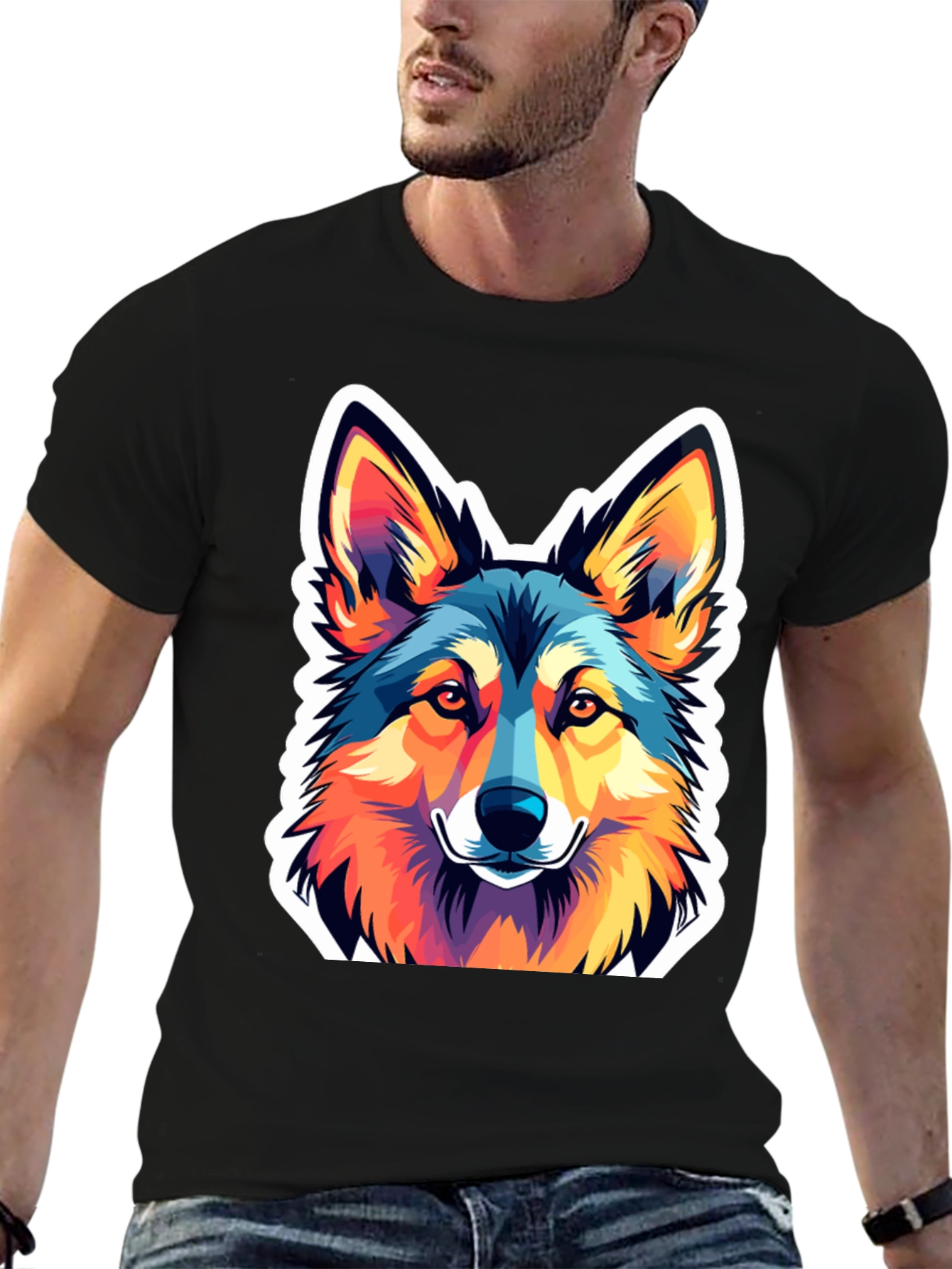Black Vibrant Wolf Graphic Tee - Stylish Men's Black T-Shirt view 6
