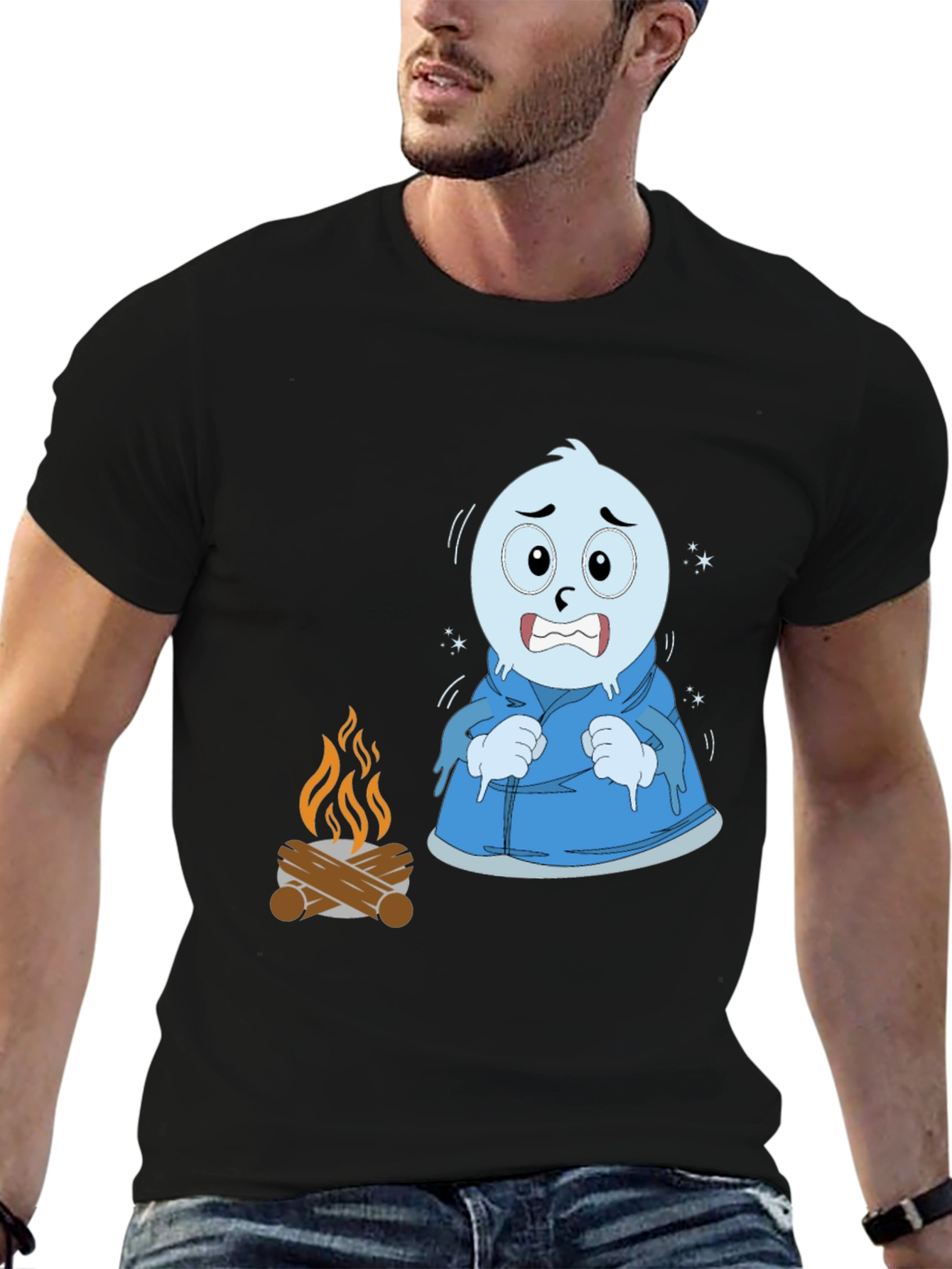 Black Funny Cold Cartoon Character T-Shirt view 6
