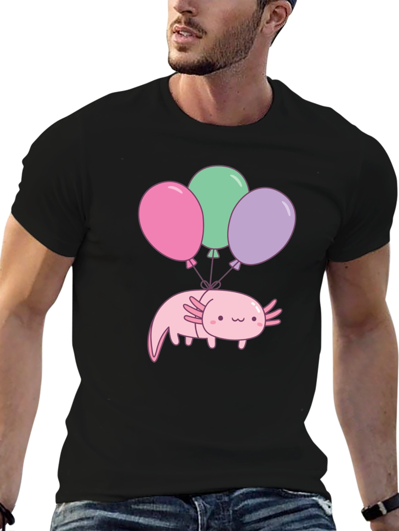 Black Axolotl Balloons Graphic Tee - Black Cotton T-Shirt view 6