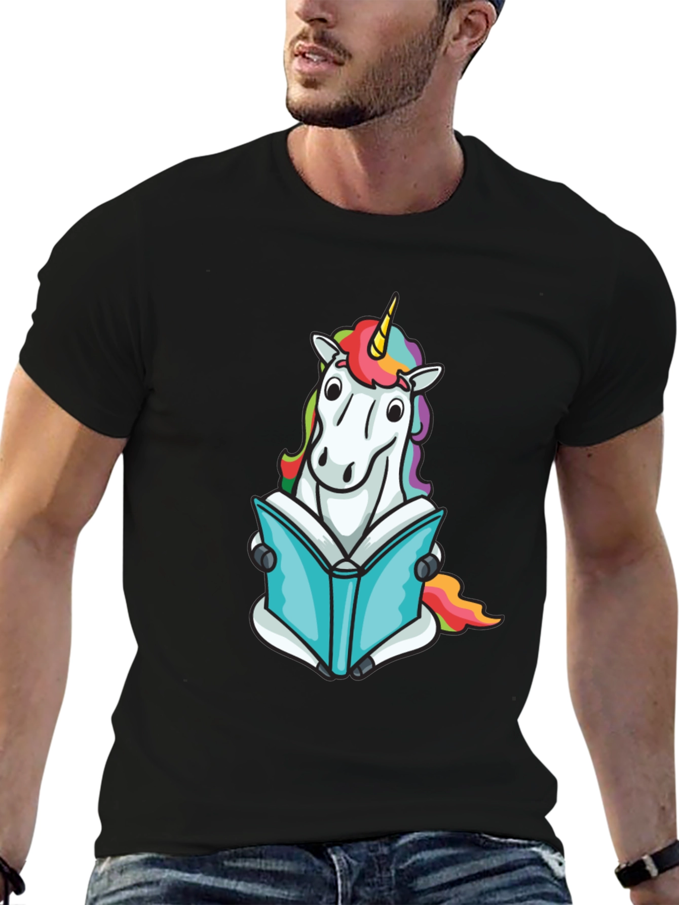 Black Unicorn Reading Book Black T-Shirt view 6