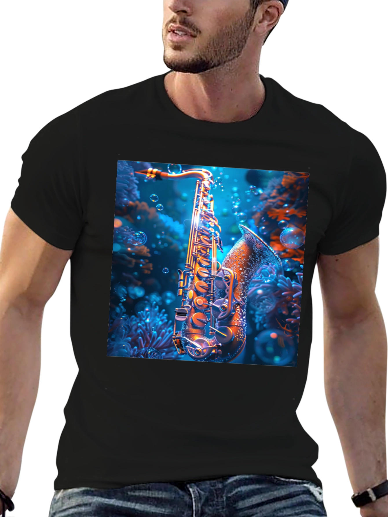 Black Saxophone Underwater T-Shirt - Unique Musical Design view 6