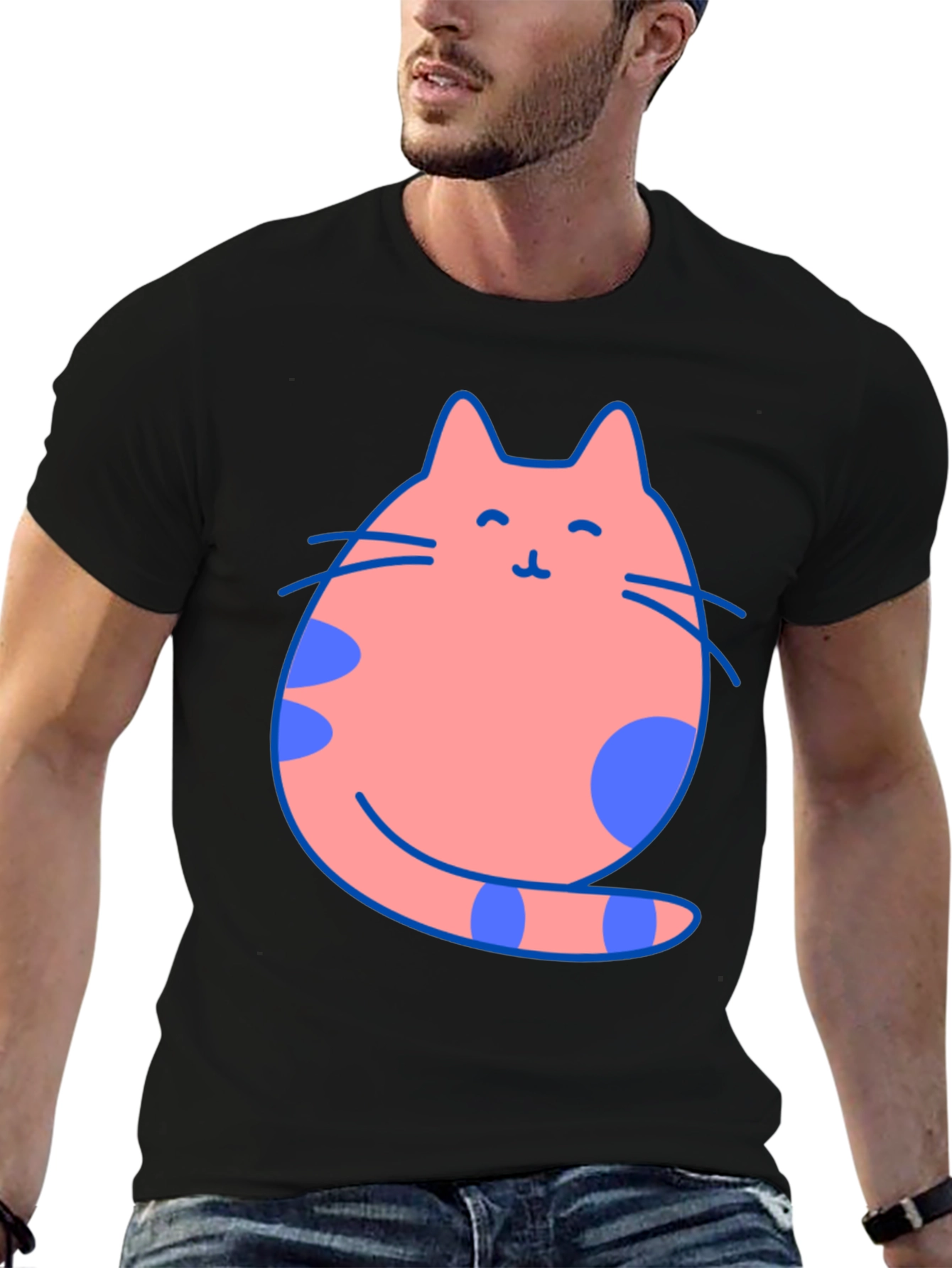 Black Cute Cat Graphic Tee - Black Cotton Blend view 6