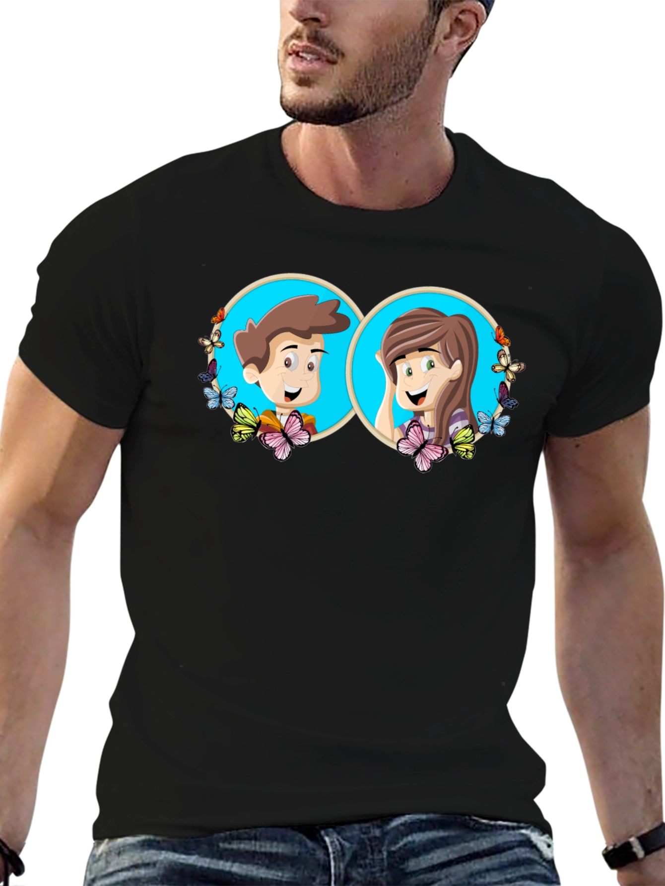 Black Cartoon Couple Graphic Tee - Quirky Black T-Shirt view 6