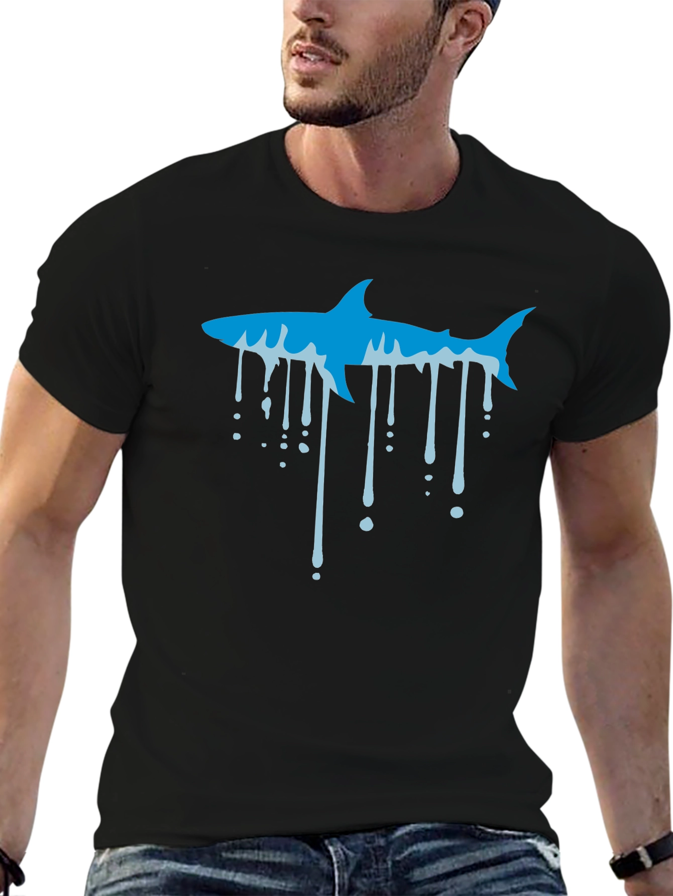 Black Cool Shark Drip Graphic Black T-Shirt view 6