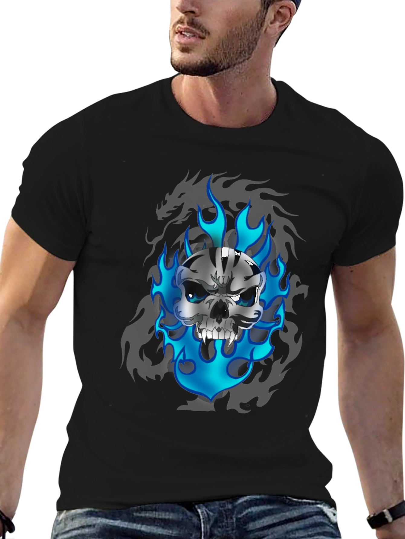 Black Skull and Flames Graphic Tee view 6
