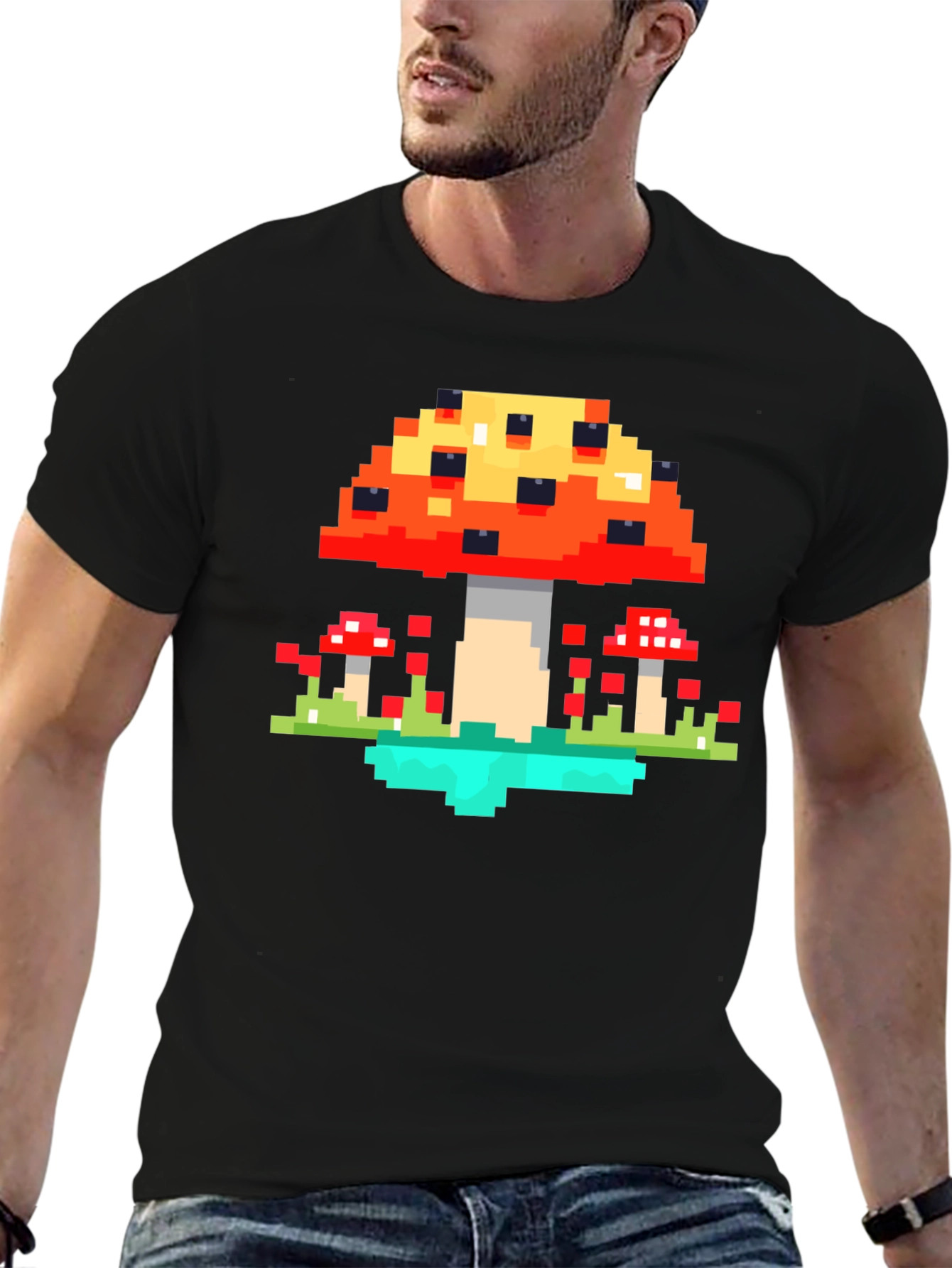 Black Pixel Mushroom Graphic Tee - Retro Gaming Style Shirt view 6