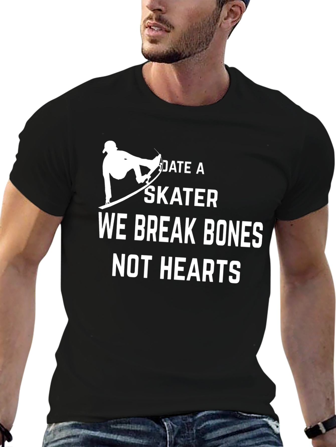 Black Date a Skater T-Shirt - We Break Bones Not Hearts Graphic Tee view 6