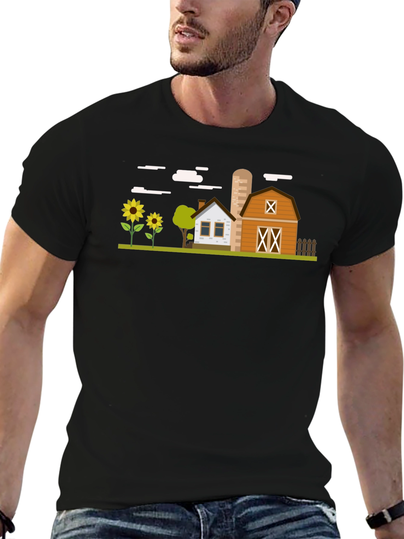 Black Farm Scene Graphic T-Shirt - Black Cotton Tee view 6