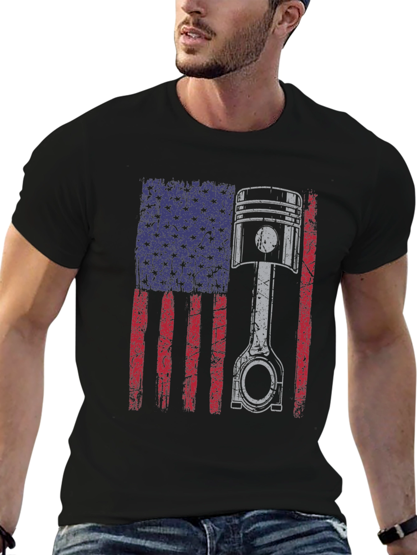 Black American Flag Piston T-Shirt - Automotive Enthusiast Apparel view 6