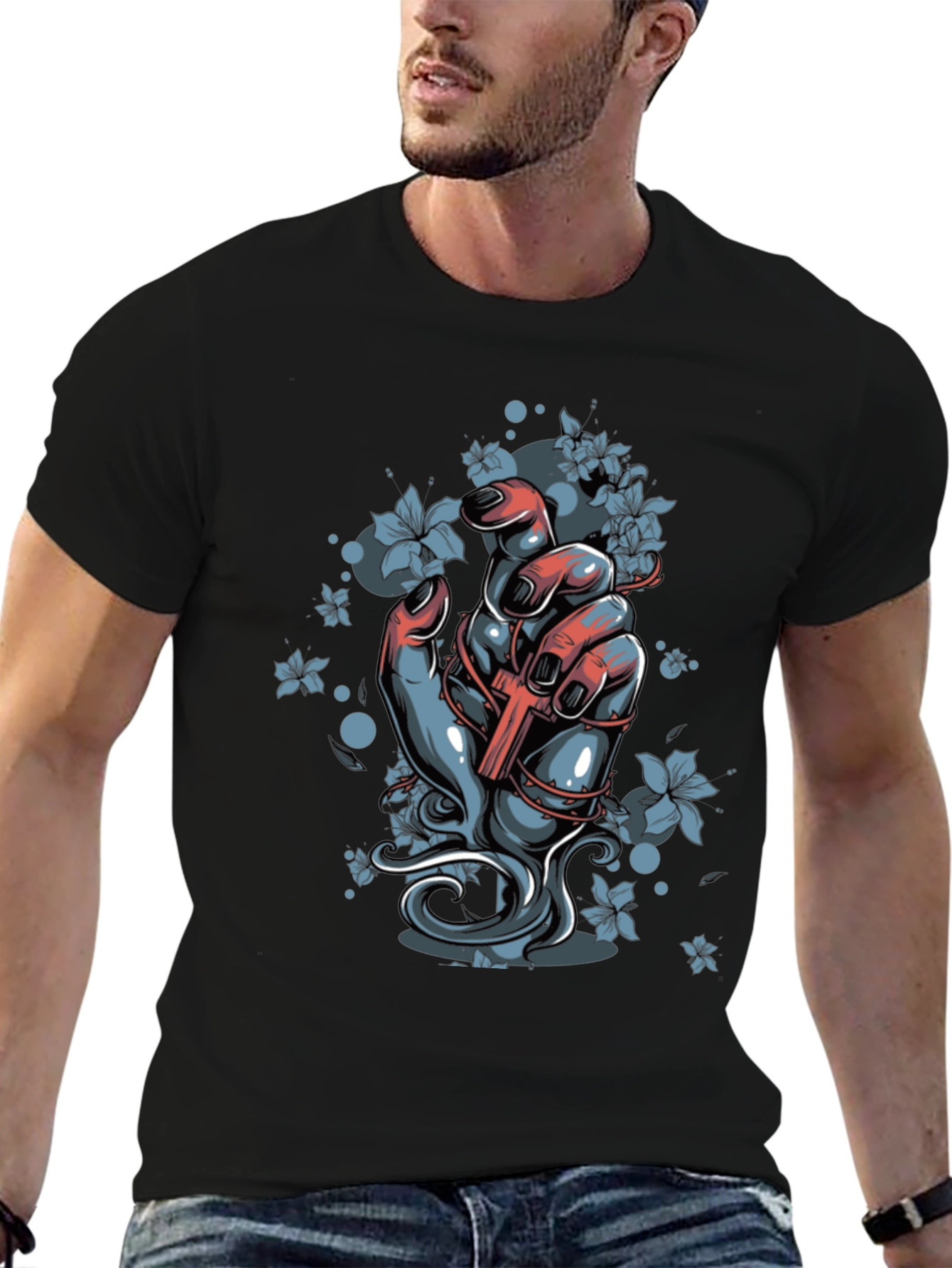 Floral Cross Graphic Black T-Shirt - 6