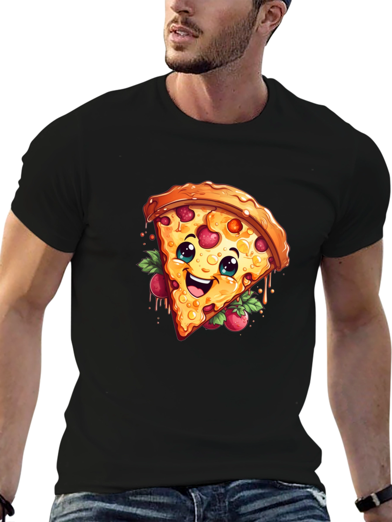 Black Funny Pizza Slice Graphic T-Shirt - Casual Black Tee view 6