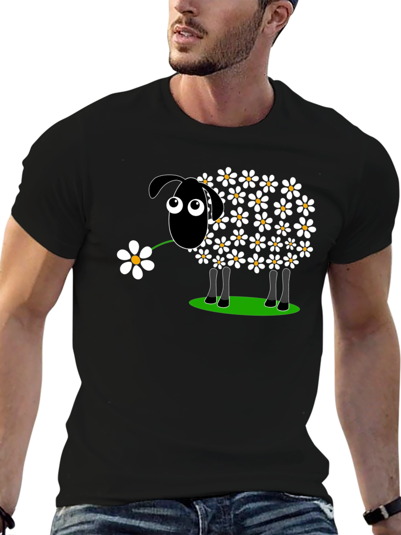 Black Daisy Sheep Graphic Tee - Black Cotton T-Shirt view 6