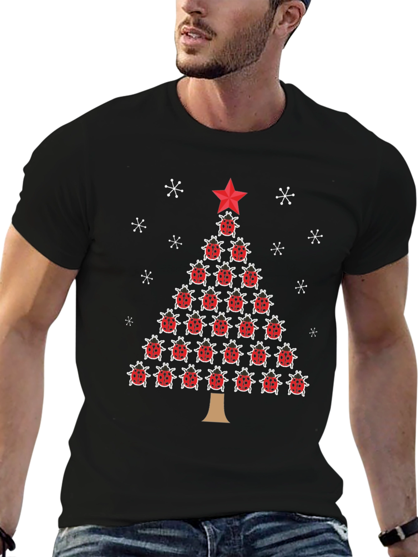 Black Ladybug Christmas Tree Black T-Shirt view 6