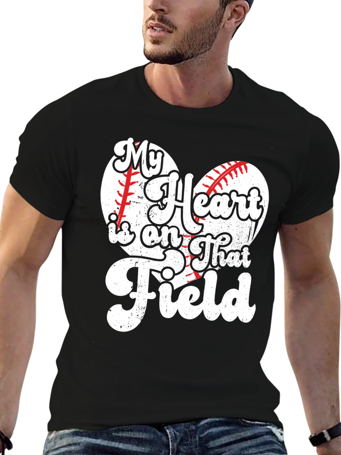 Black Baseball Heart T-Shirt - My Heart is on That Field view 6