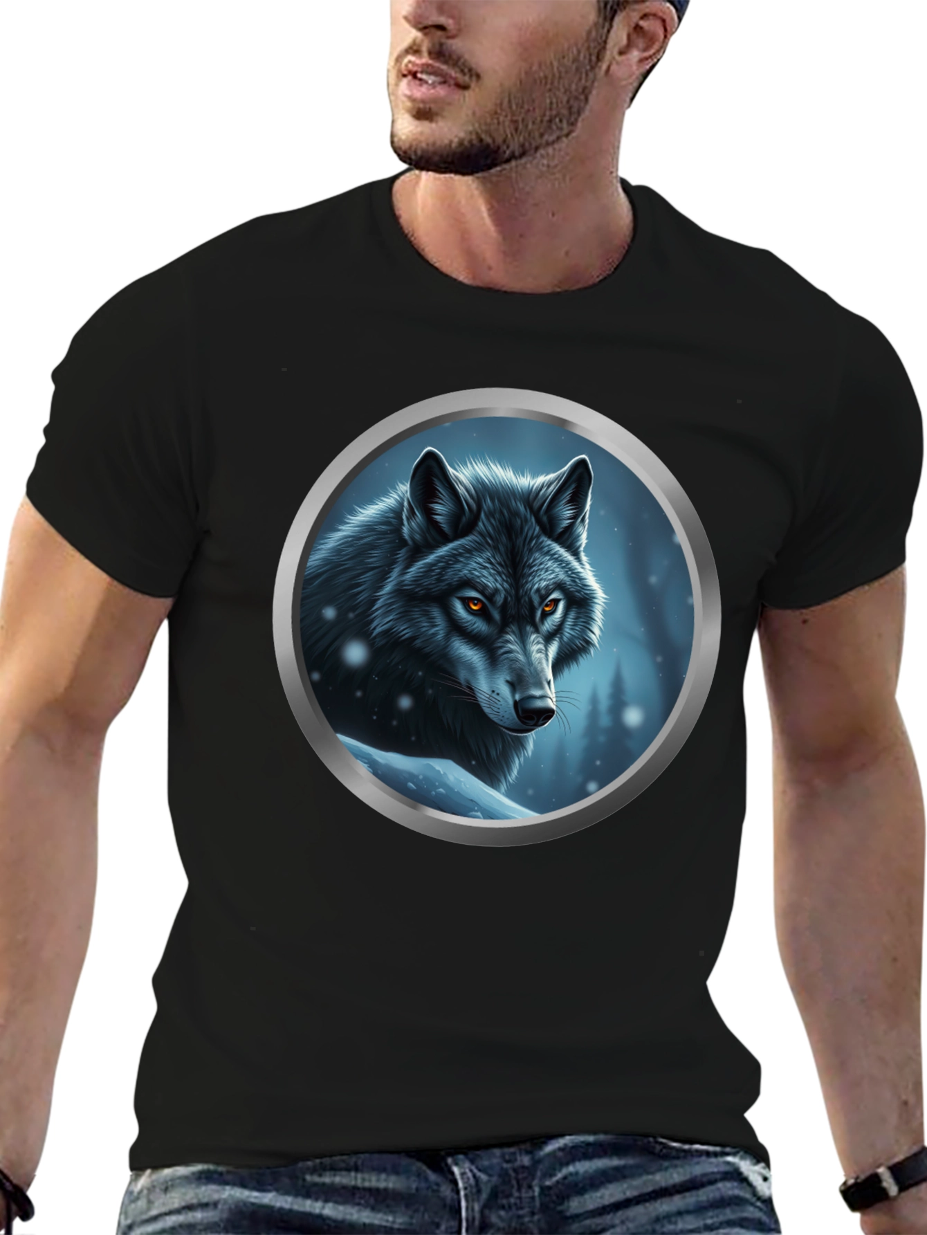 Black Wolf Portrait Graphic Tee - Black Cotton Blend view 6