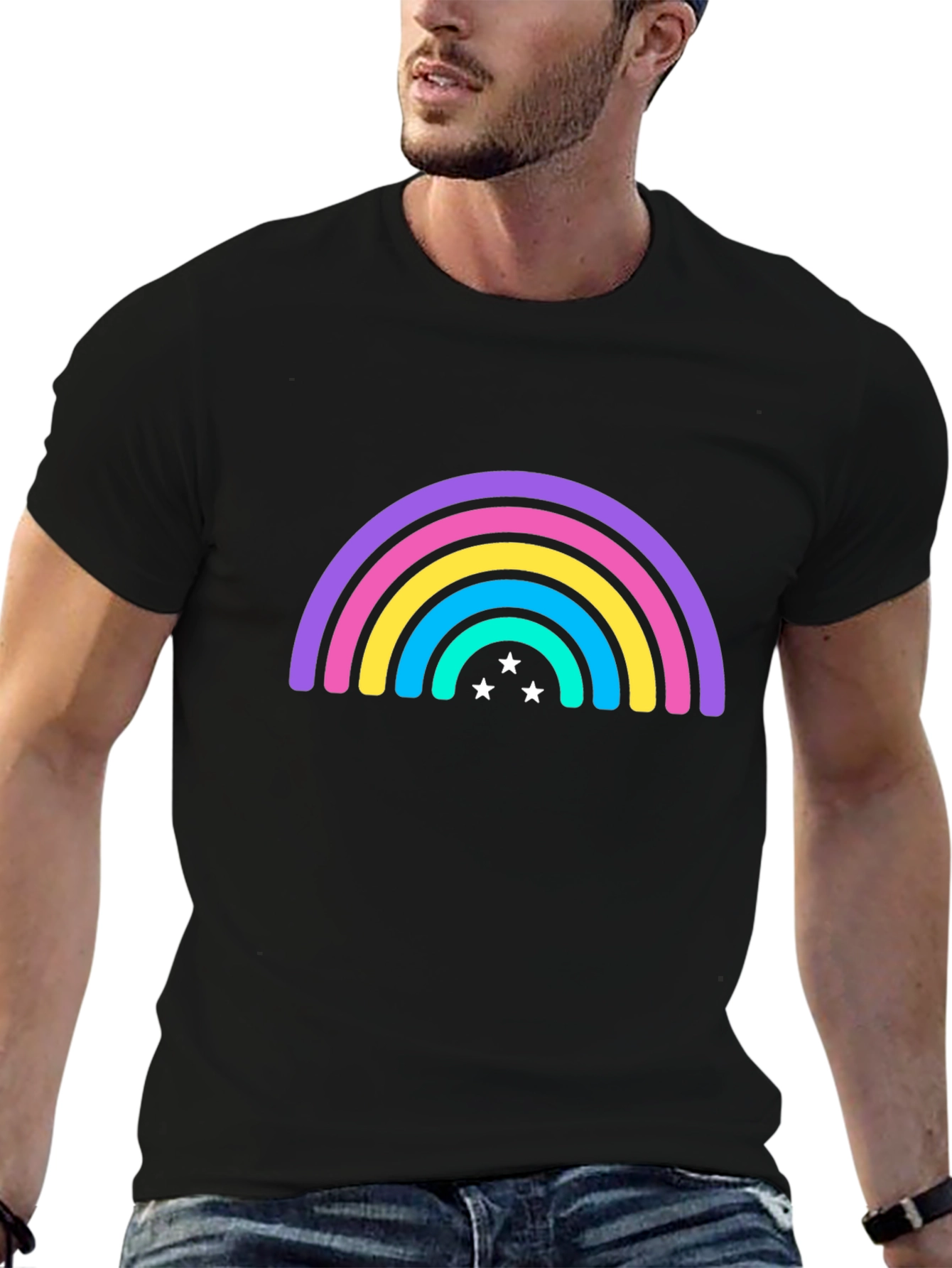 Black Rainbow Star Graphic Tee - Black Casual T-Shirt view 6