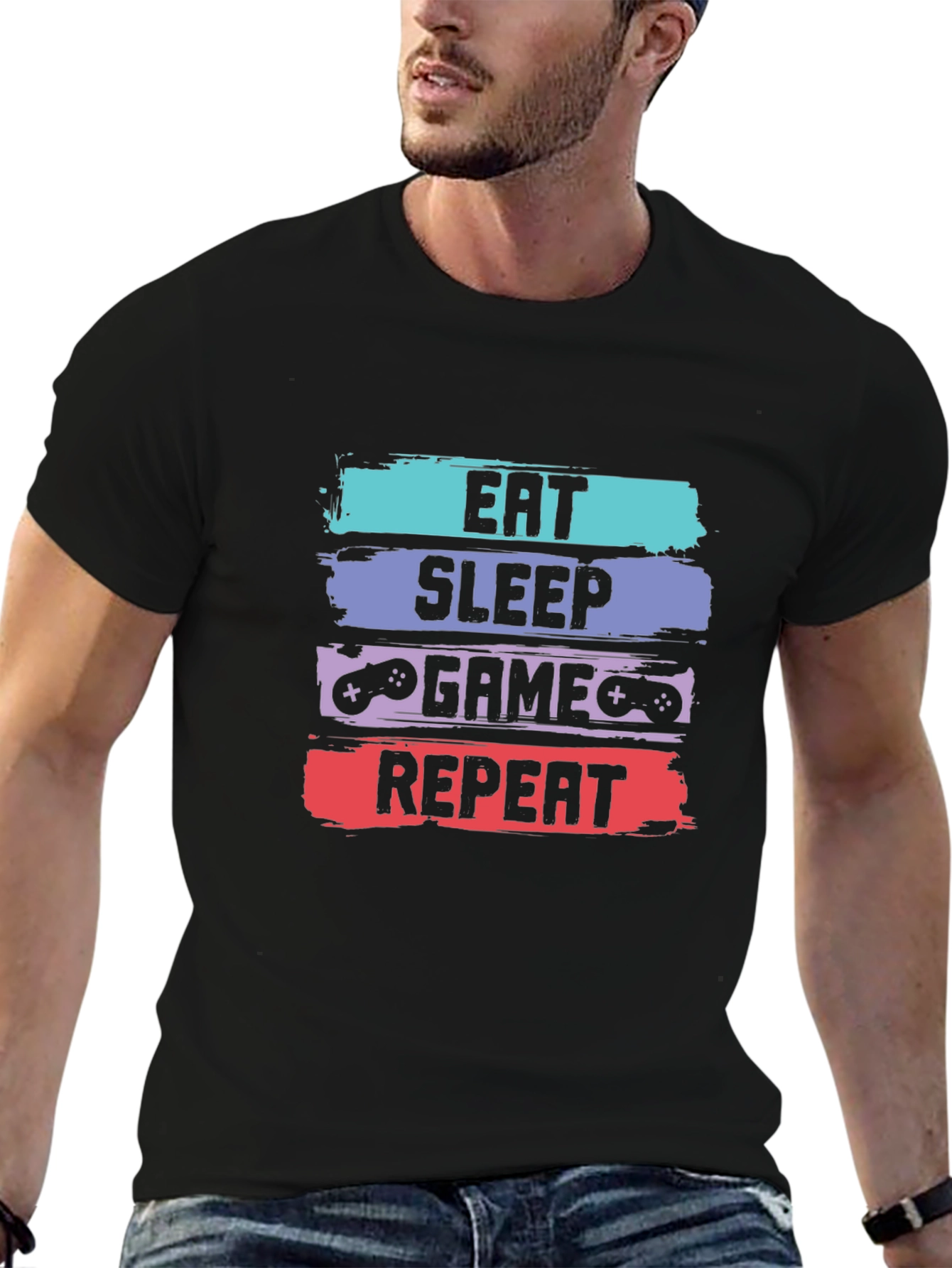 Black Eat Sleep Game Repeat T-Shirt - Gamer Tee view 6