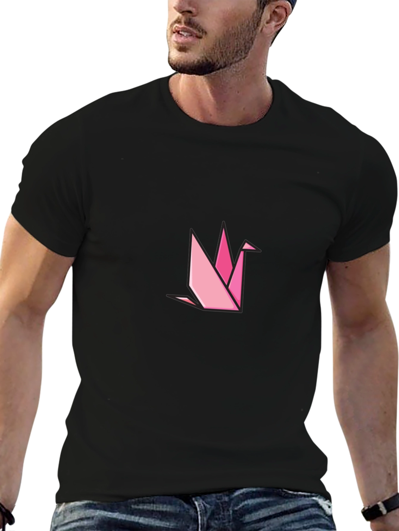 Black Geometric Origami Crane Black T-Shirt view 6