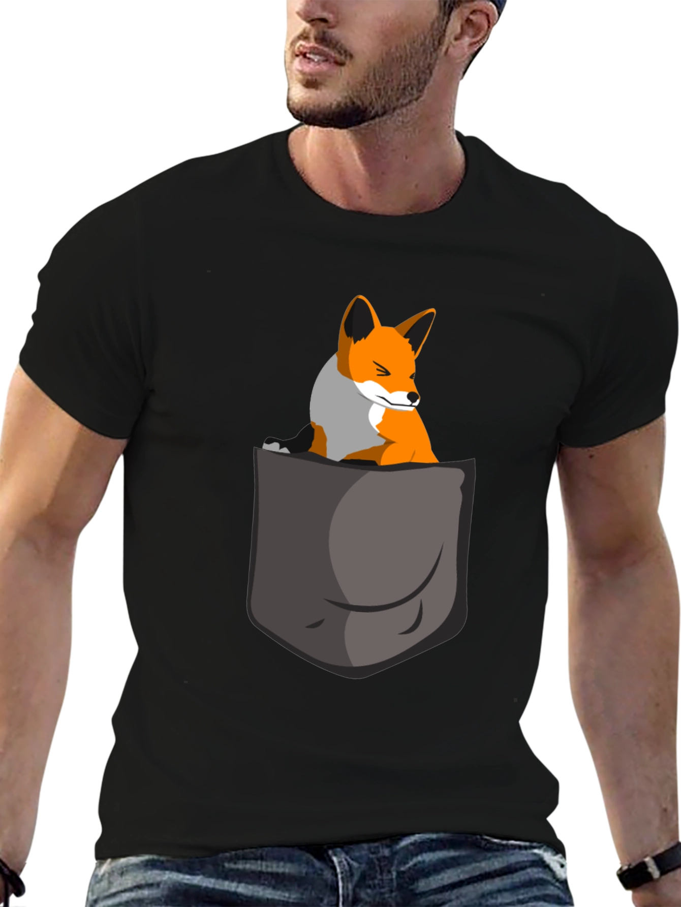 Black Fox in Pocket Graphic Tee - Cute Animal T-Shirt view 6