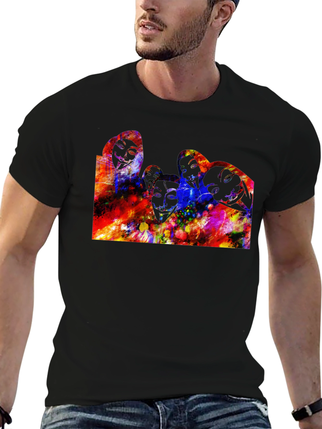 Black Abstract Faces Graphic Black T-Shirt view 6