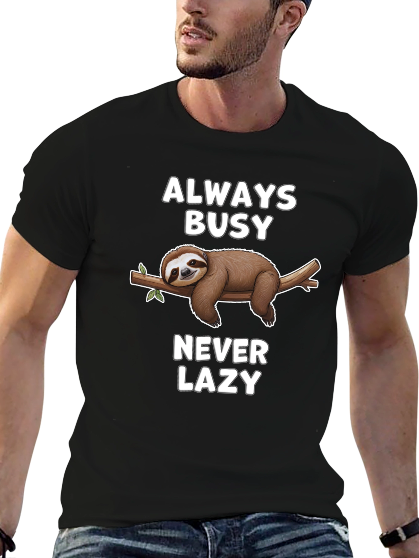 Black Always Busy Never Lazy Sloth Graphic T-Shirt view 6