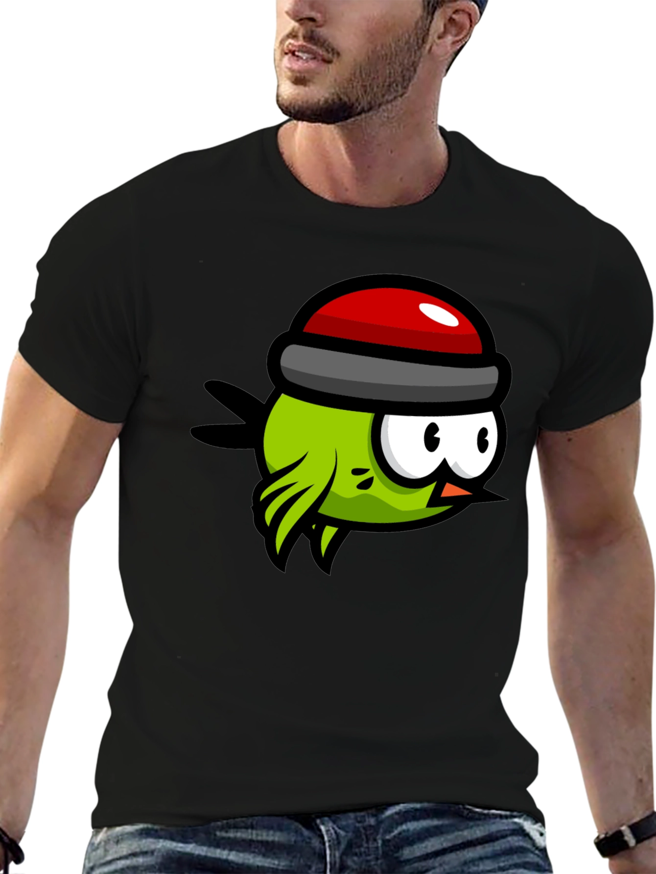 Black Cartoon Bird Graphic Tee - Quirky Black T-Shirt view 6