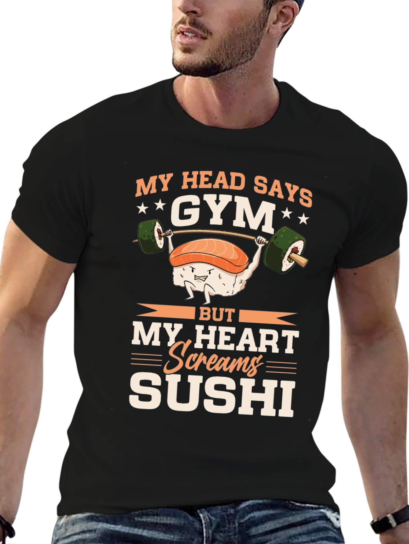 Black Gym & Sushi Graphic Tee - Workout Foodie Shirt view 6