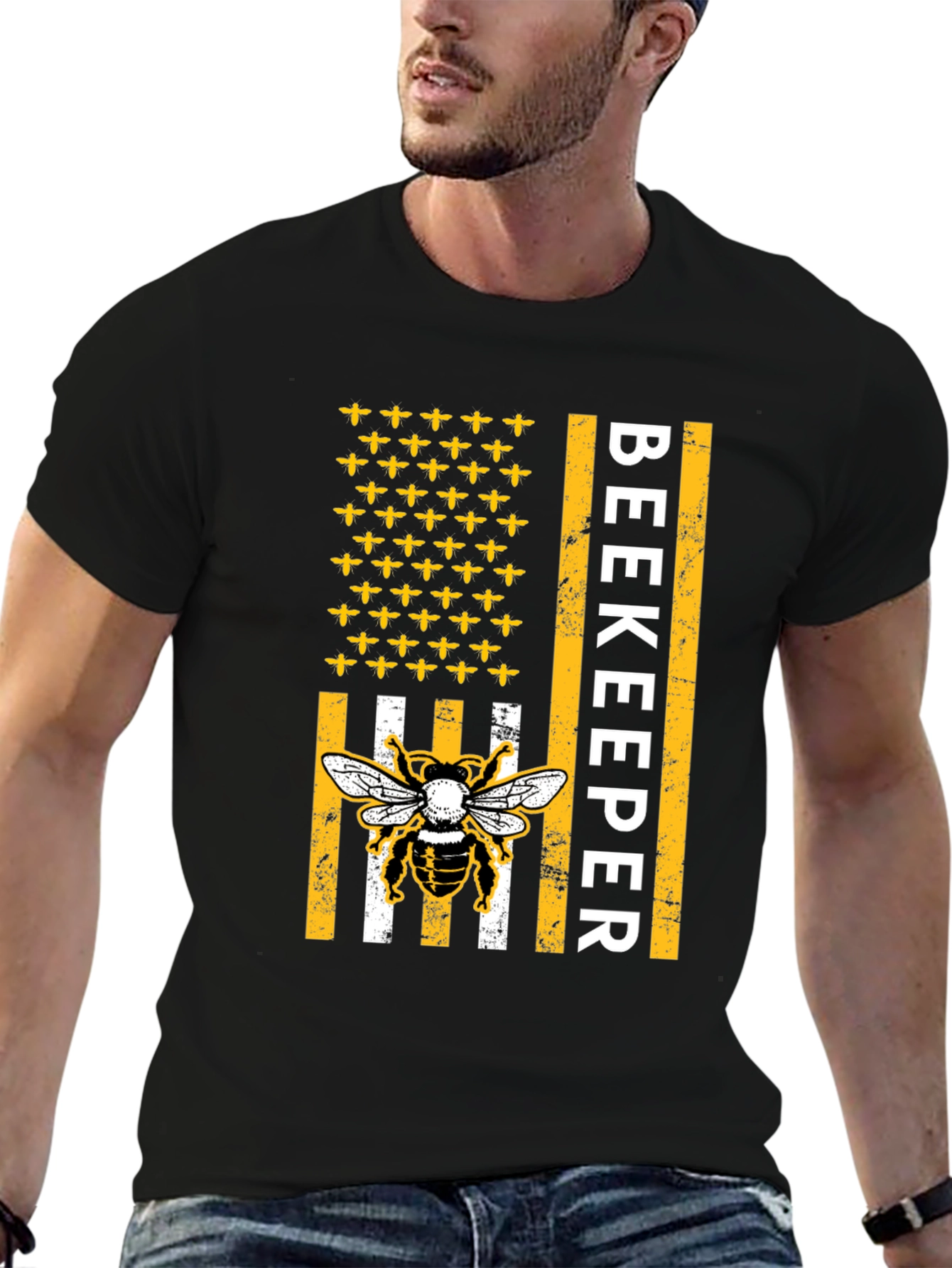 Black Beekeeper American Flag Bee T-Shirt view 6