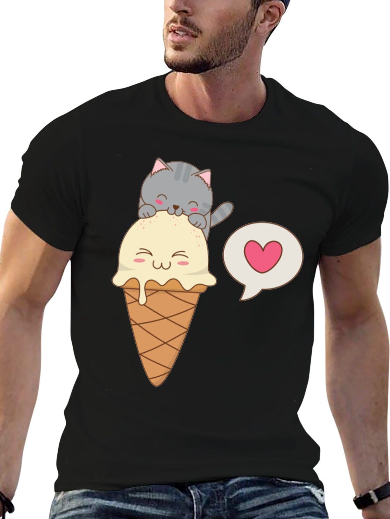 Black Cute Cat & Ice Cream Graphic Tee view 6
