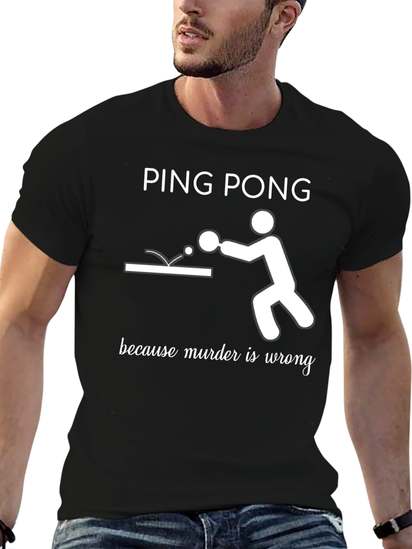 Black Ping Pong Because Murder Is Wrong T-Shirt view 6