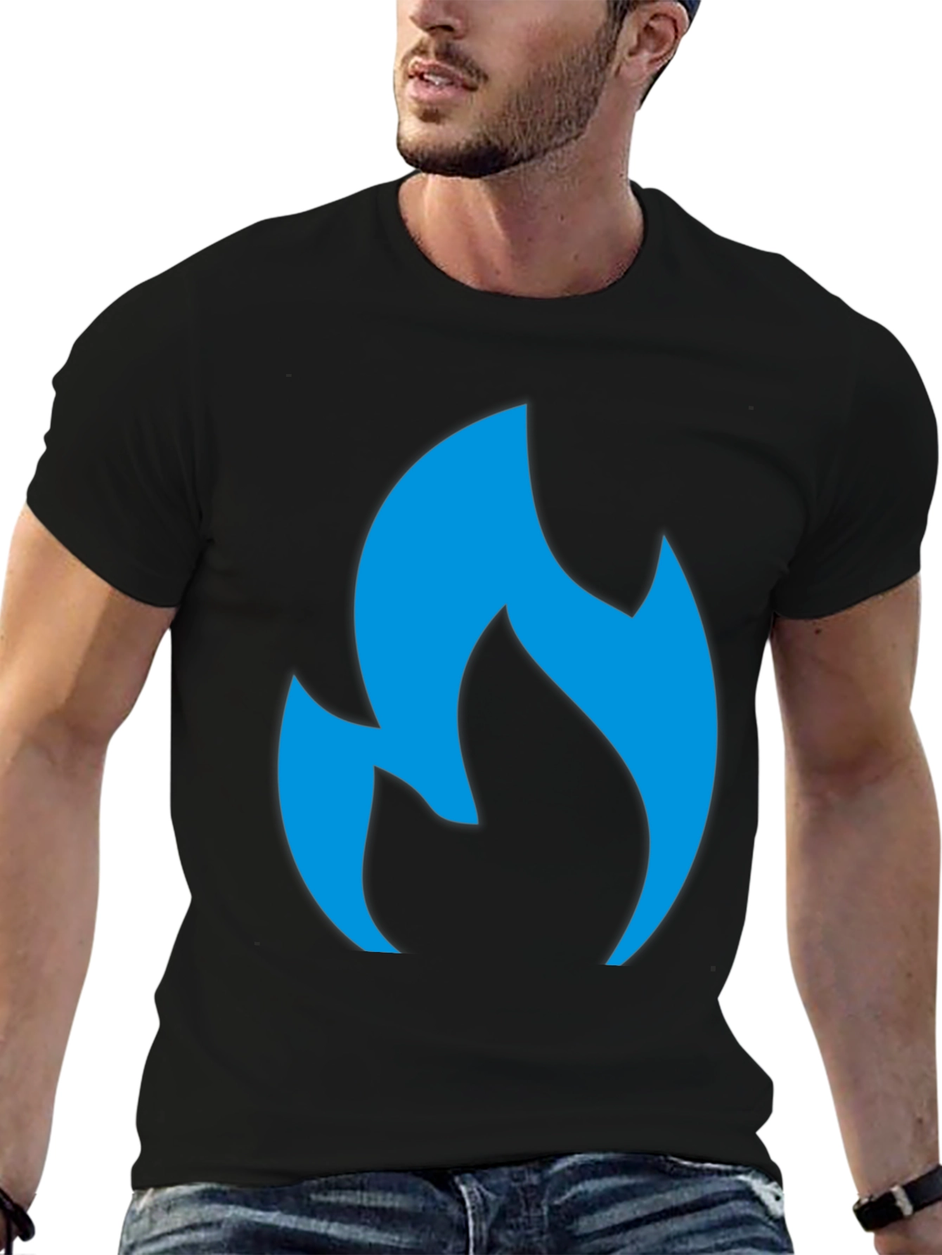 Black Men's Black T-Shirt with Blue Flame Graphic view 6