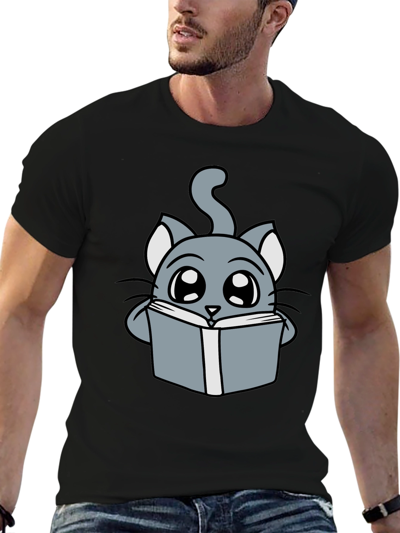 Black Cute Cartoon Cat Reading T-Shirt view 6