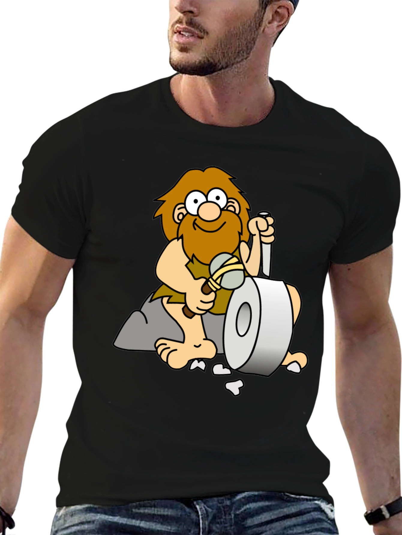 Black Funny Caveman Toilet Paper T-Shirt view 6