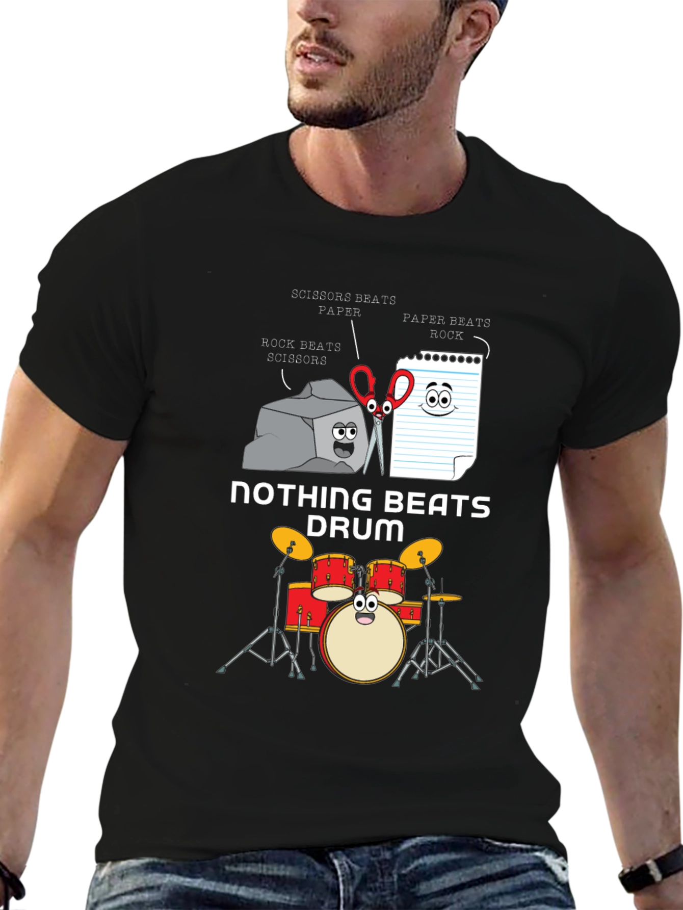 Black Rock Paper Scissors Drum Funny T-Shirt view 6
