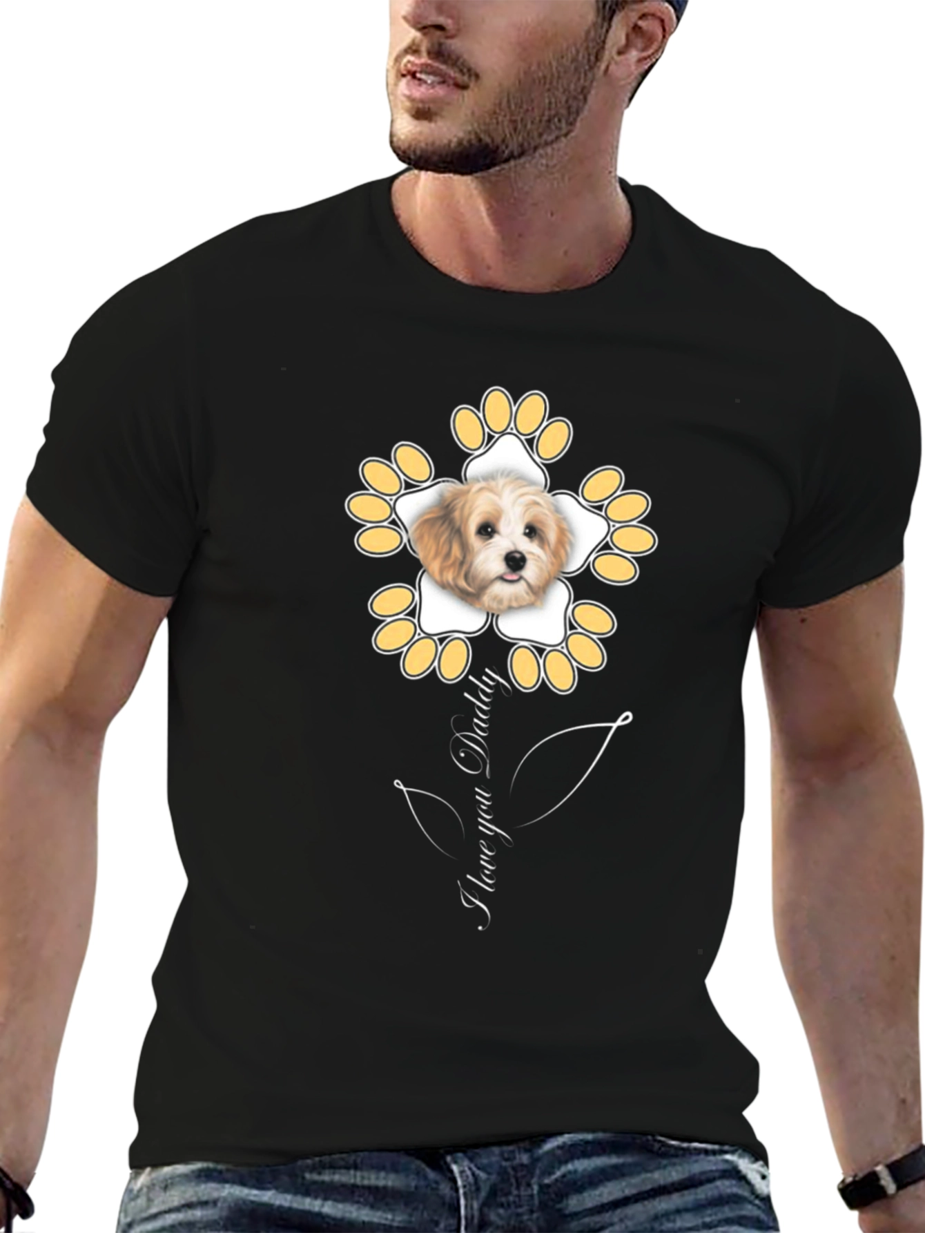 Black I Love You Daddy Dog Flower Graphic T-Shirt view 6