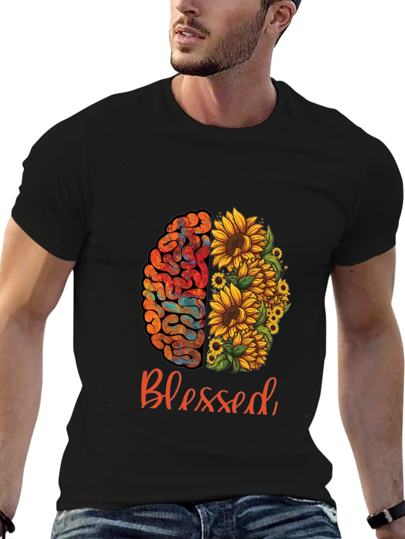 Black Blessed Brain & Sunflower Graphic Tee - Unisex Cotton T-Shirt view 6