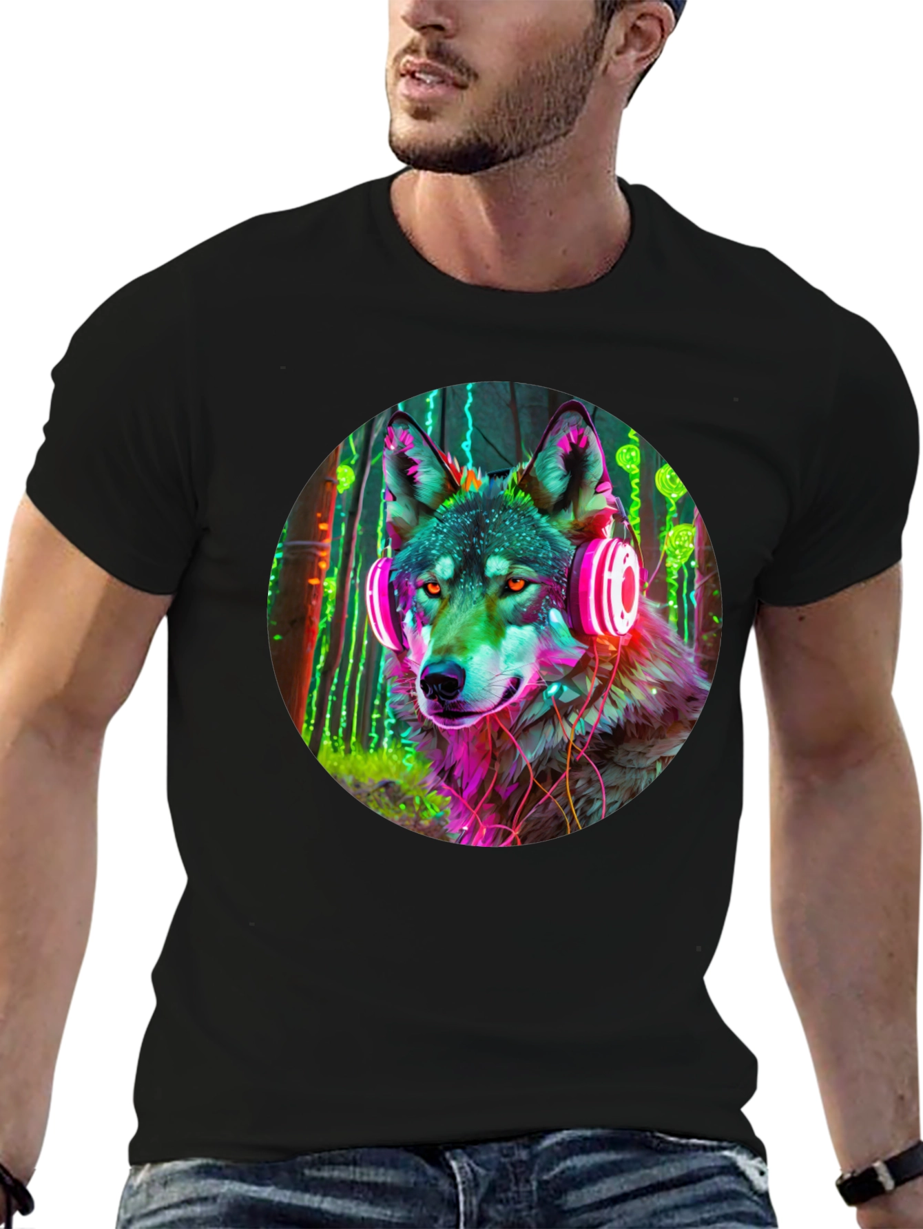 Black Neon Wolf Headphones Graphic Tee view 6