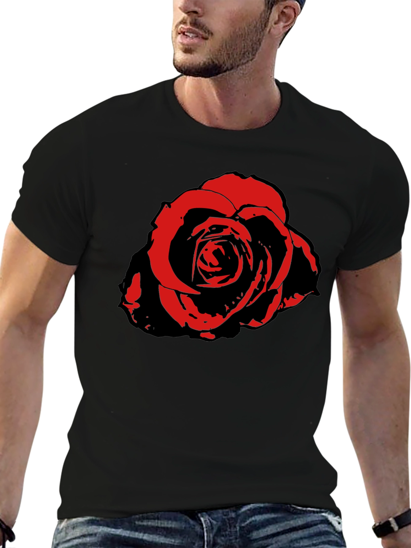 Black Bold Rose Graphic Tee - Stylish Men's Black T-Shirt view 6