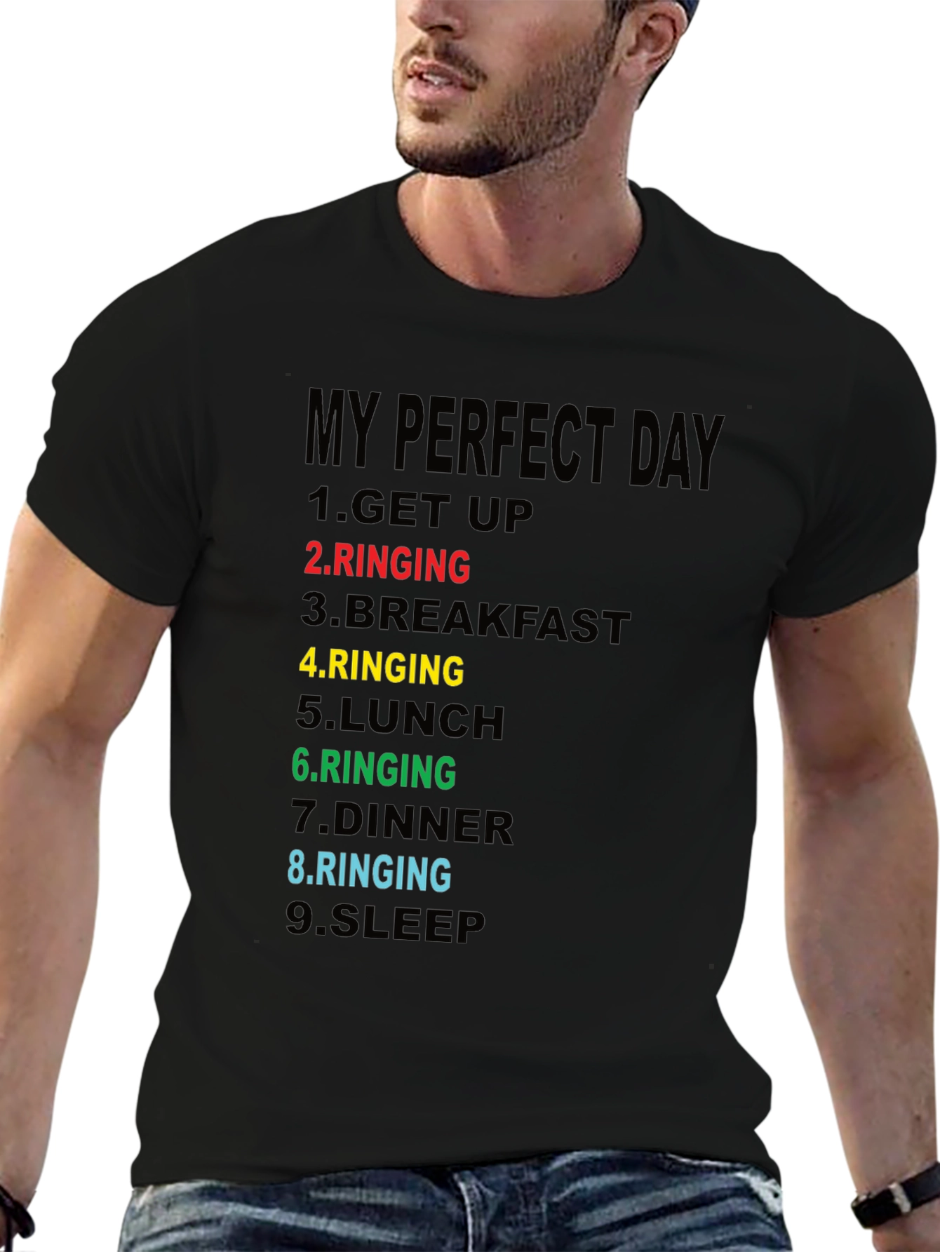 Black My Perfect Day Ringing T-Shirt - Funny Novelty Tee view 6