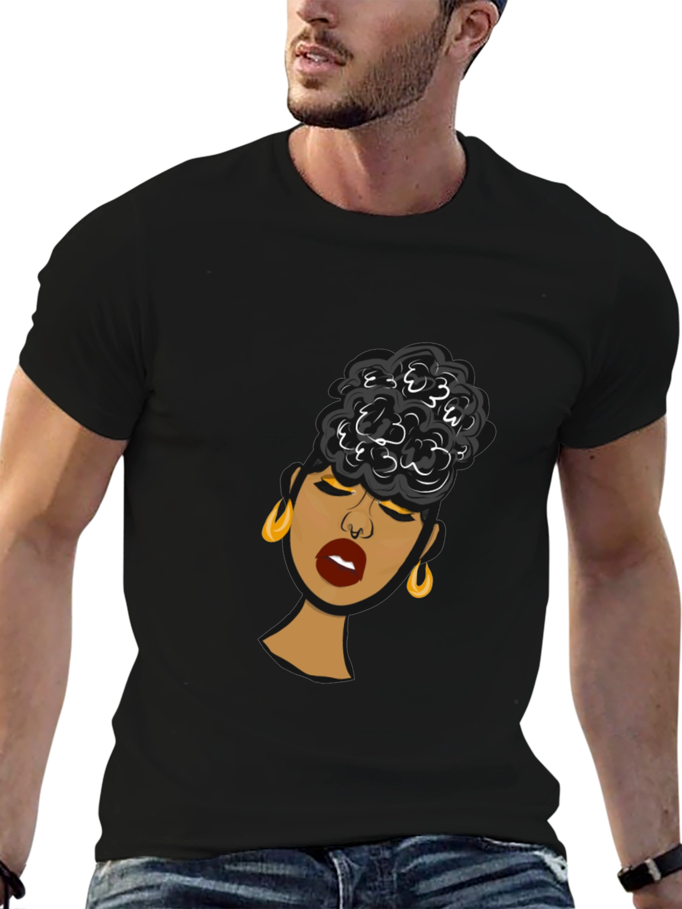 Black Black Woman Graphic Tee - Stylish Afro Puff Design view 6
